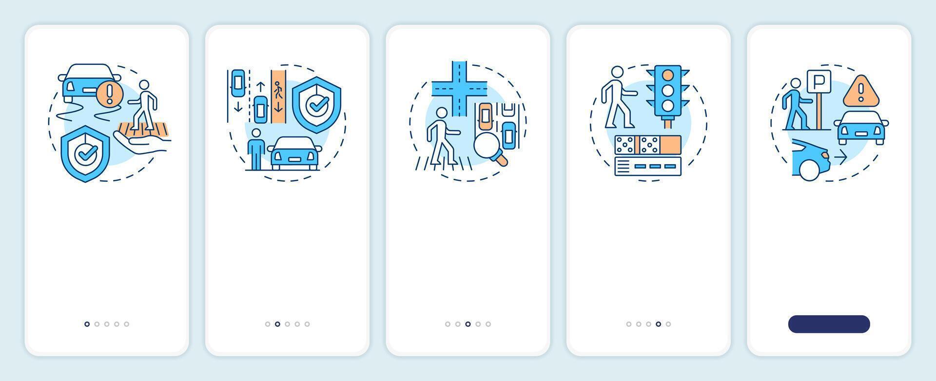 Pedestrian safety onboarding mobile app screen. Traffic system. Walkthrough 5 steps editable graphic instructions with linear concepts. UI, UX, GUI template vector
