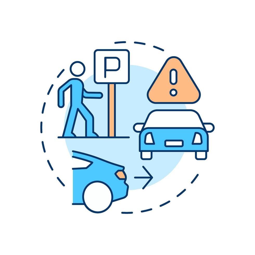 Be careful in parking lots multi color concept icon. Avoid dangerous situations with cars. Pedestrian safety. Round shape line illustration. Abstract idea. Graphic design. Easy to use in booklet vector
