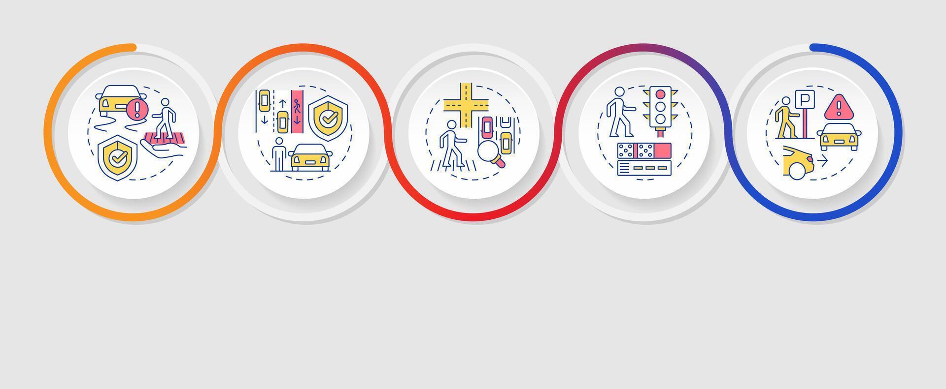 Pedestrian safety infographics circles sequence. Safe environment for traffic participants. Visualization layout with 5 steps. Info chart loop process presentation vector