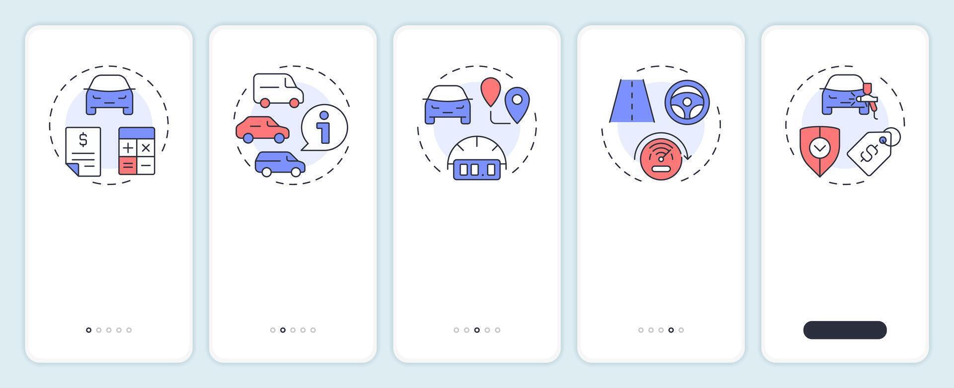 Car buying checklist onboarding mobile app screen. Walkthrough 5 steps editable graphic instructions with linear concepts. UI, UX, GUI template vector