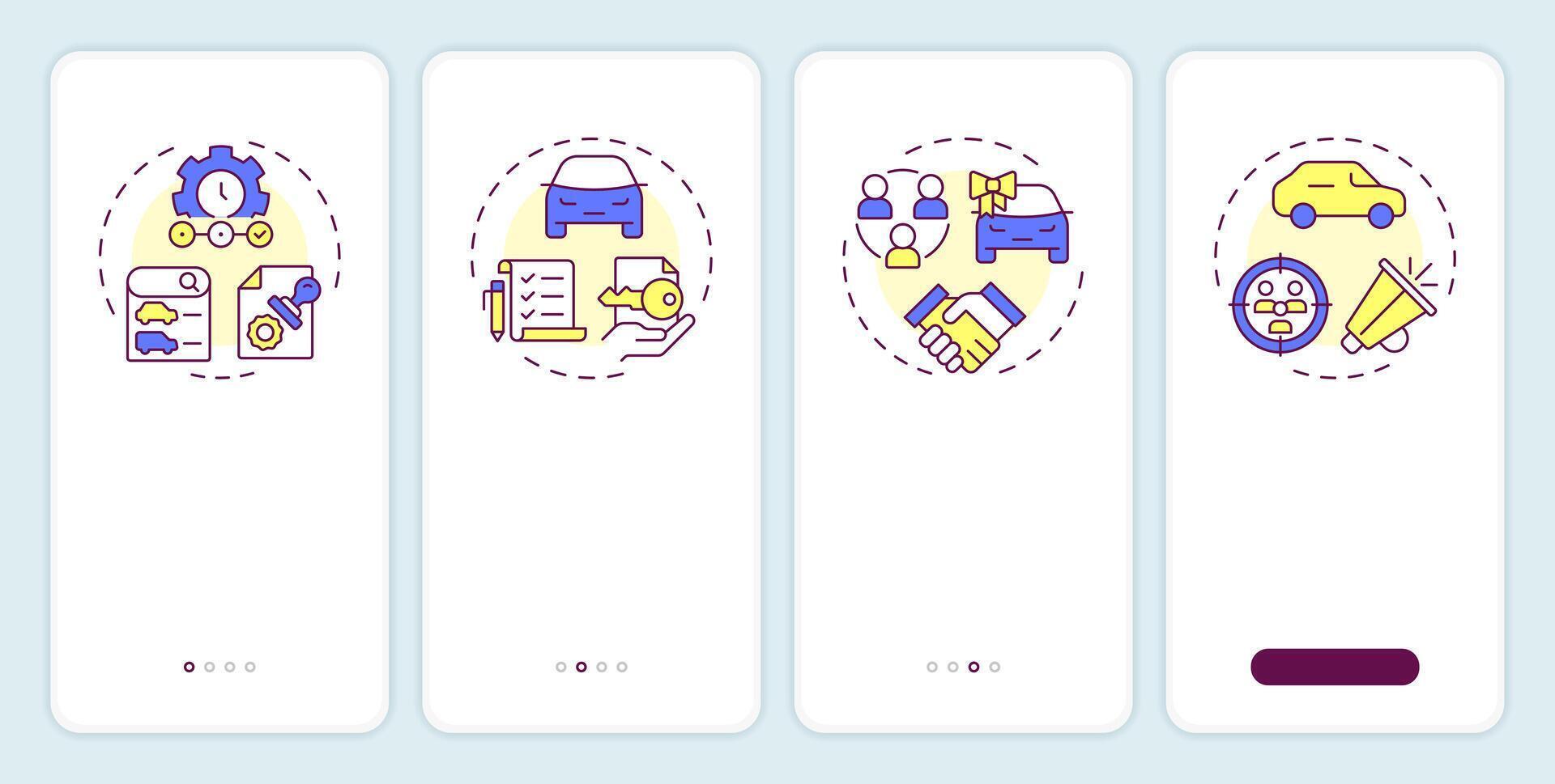 Dealer management system onboarding mobile app screen. Walkthrough 4 steps editable graphic instructions with linear concepts. UI, UX, GUI template vector