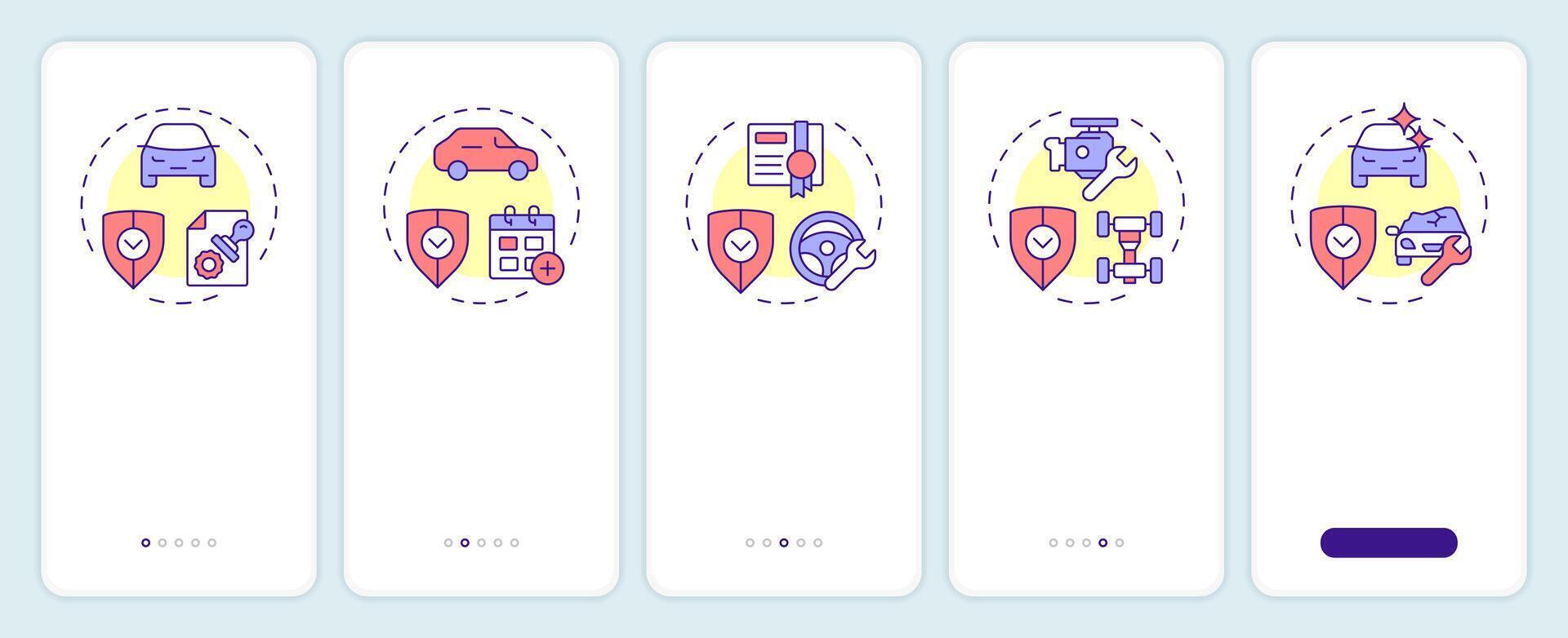 Car warranties types onboarding mobile app screen. Walkthrough 5 steps editable graphic instructions with linear concepts. UI, UX, GUI template vector