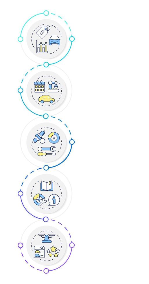 Vehicle evaluation infographic design template. Car repair, maintenance. Technical information. Data visualization 5 options. Process vertical flow chart vector