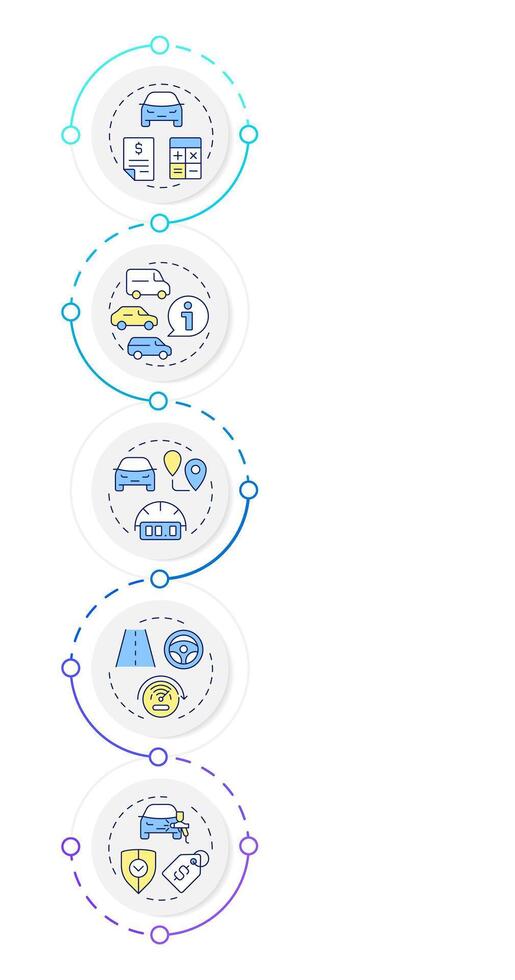 Dealership car buying process infographic design template. Odometer check, car styles. Data visualization 5 options. Process vertical flow chart vector