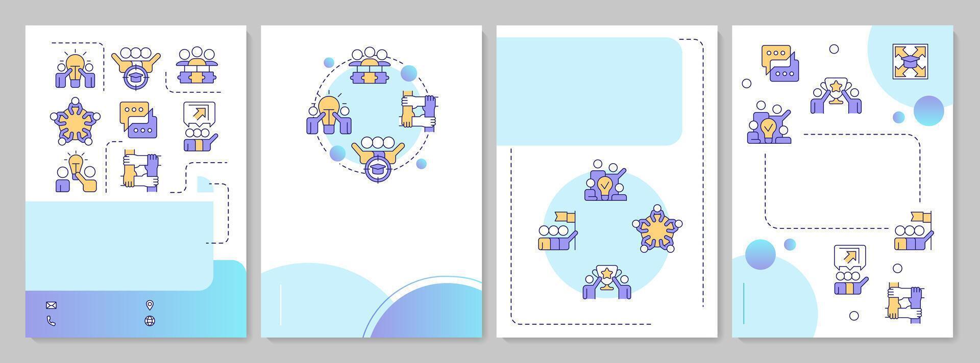 Cooperative learning strategies blue gradient brochure template. Leadership, grouping. Leaflet design with linear icons. Editable 4 layouts vector