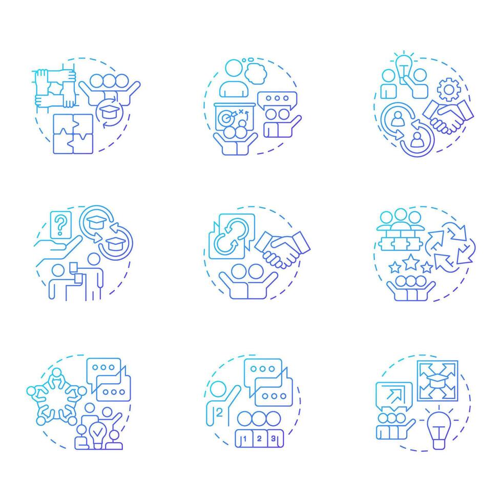 Cooperative learning blue gradient concept icons. Teamwork, communication. Studying, education. Icon pack. Round shape illustrations for infographic, presentation. Abstract idea vector