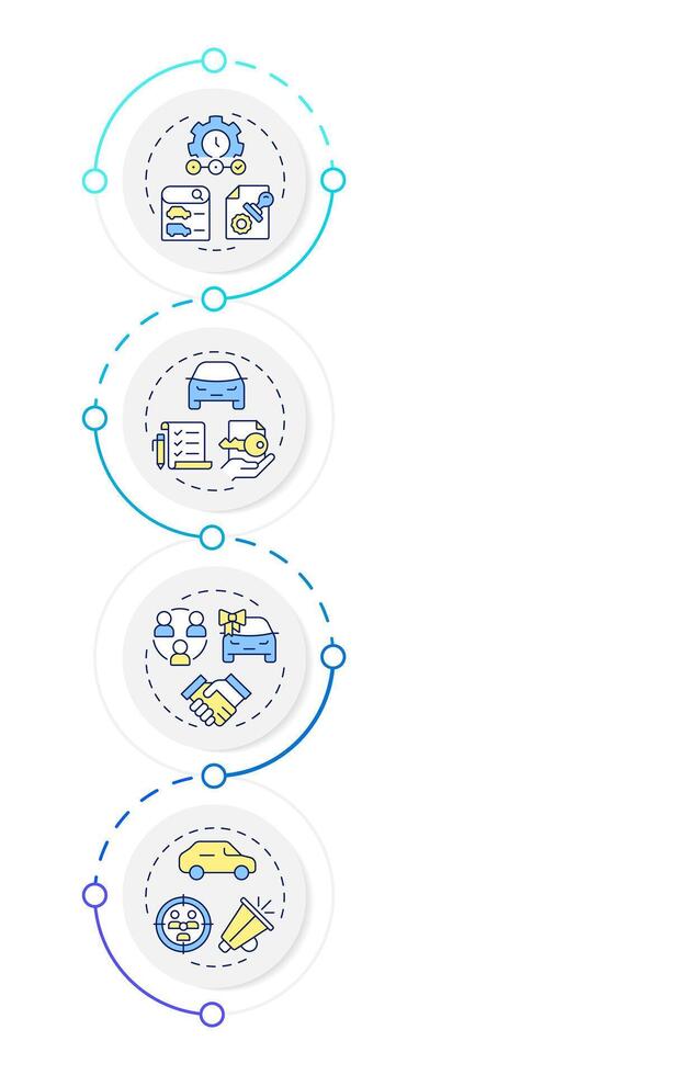 Dealership management system infographic design template. Business, promoting. Data visualization 4 options. Process vertical flow chart vector