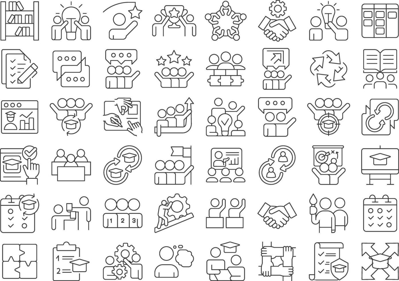Cooperative learning linear icons set. Studying process organization, schedule. Team work, collaboration. Customizable thin line symbols. Isolated outline illustrations. Editable stroke vector