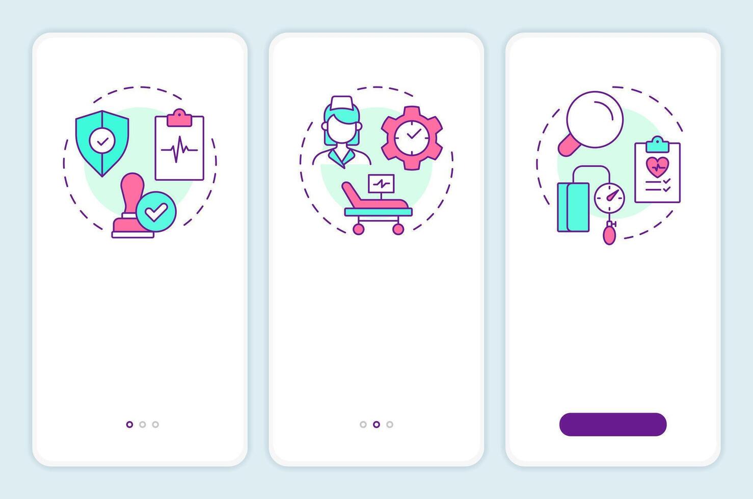 Types of utilization management onboarding mobile app screen. Walkthrough 3 steps editable graphic instructions with linear concepts. UI, UX, GUI template vector