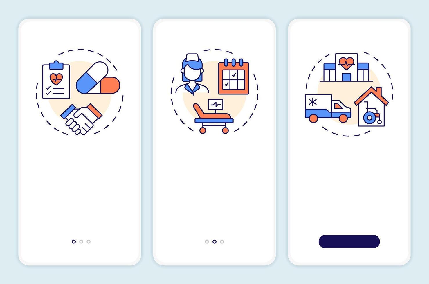 Care transitions onboarding mobile app screen. Medicine. Walkthrough 3 steps editable graphic instructions with linear concepts. UI, UX, GUI template vector