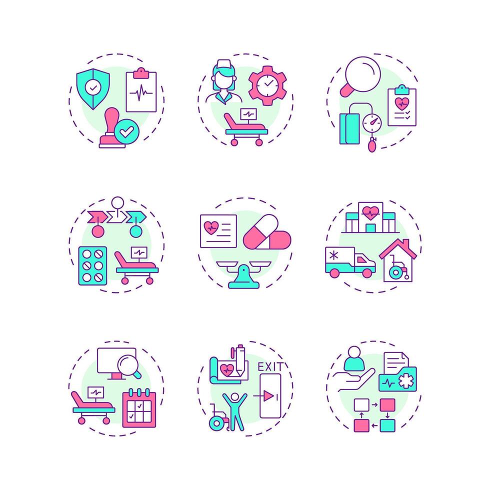 Utilization management multi color concept icons. Medical service regulation strategy. Healthcare service. Icon pack. Round shape illustrations for presentation. Abstract idea vector