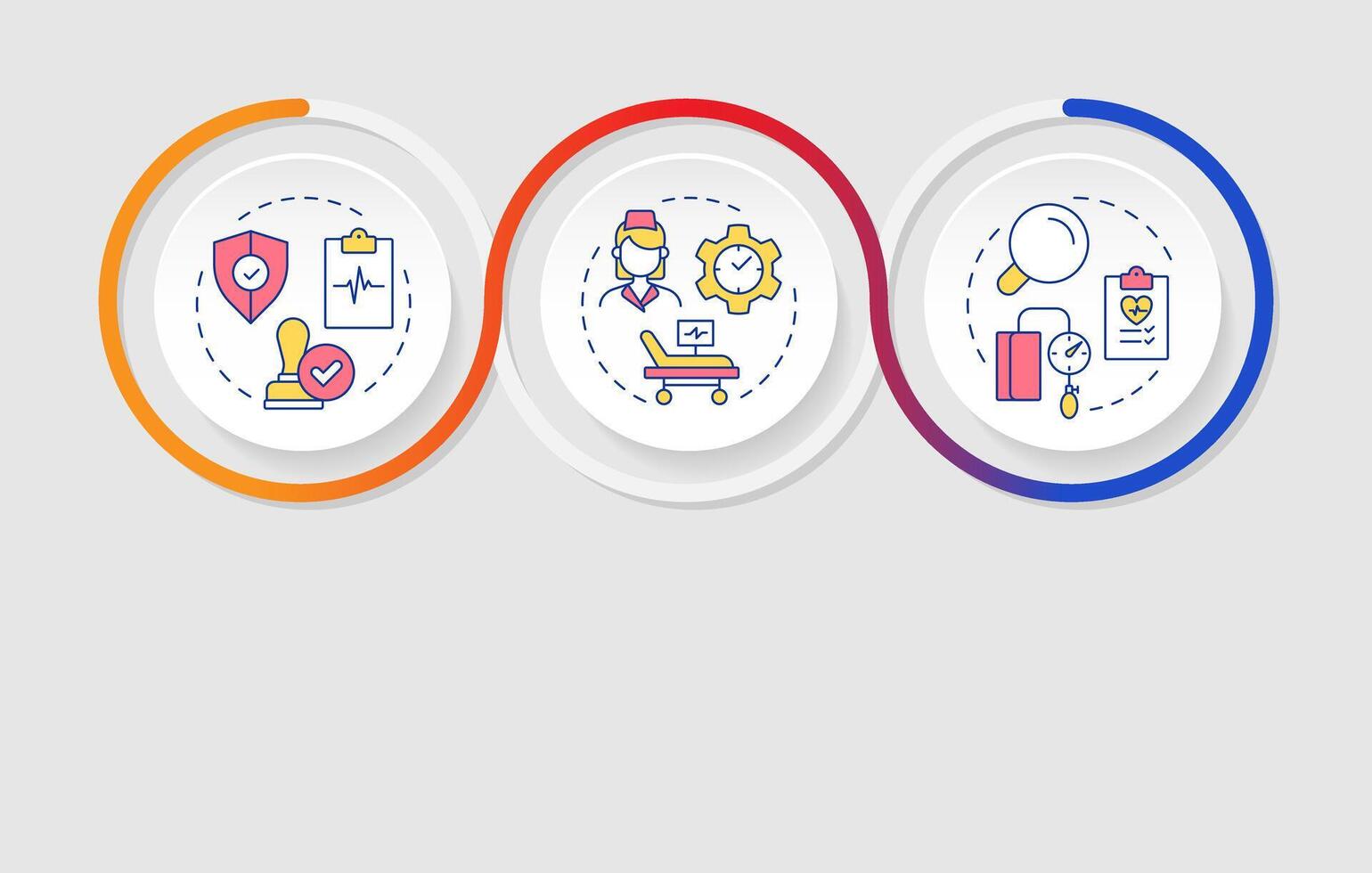 Types of utilization management infographics circles sequence. Medical service improvement. Visualization layout with 3 steps. Info chart loop process presentation vector