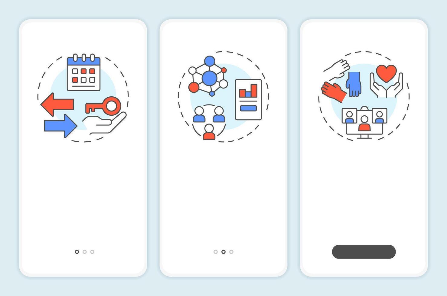 Core elements of sharing economy onboarding mobile app screen. Walkthrough 3 steps editable graphic instructions with linear concepts. UI, UX, GUI template vector