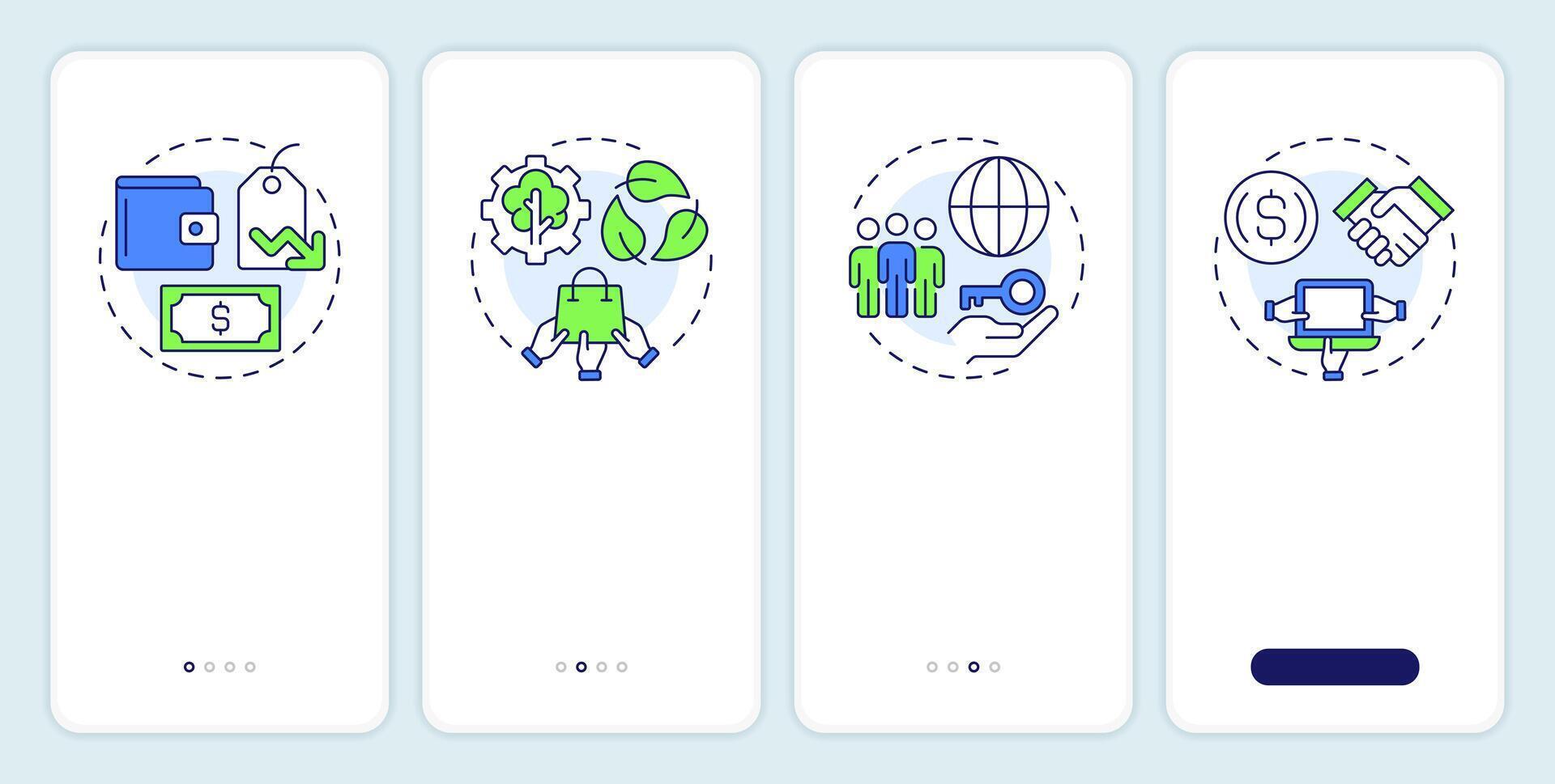 Benefits of sharing economy onboarding mobile app screen. Walkthrough 4 steps editable graphic instructions with linear concepts. UI, UX, GUI template vector