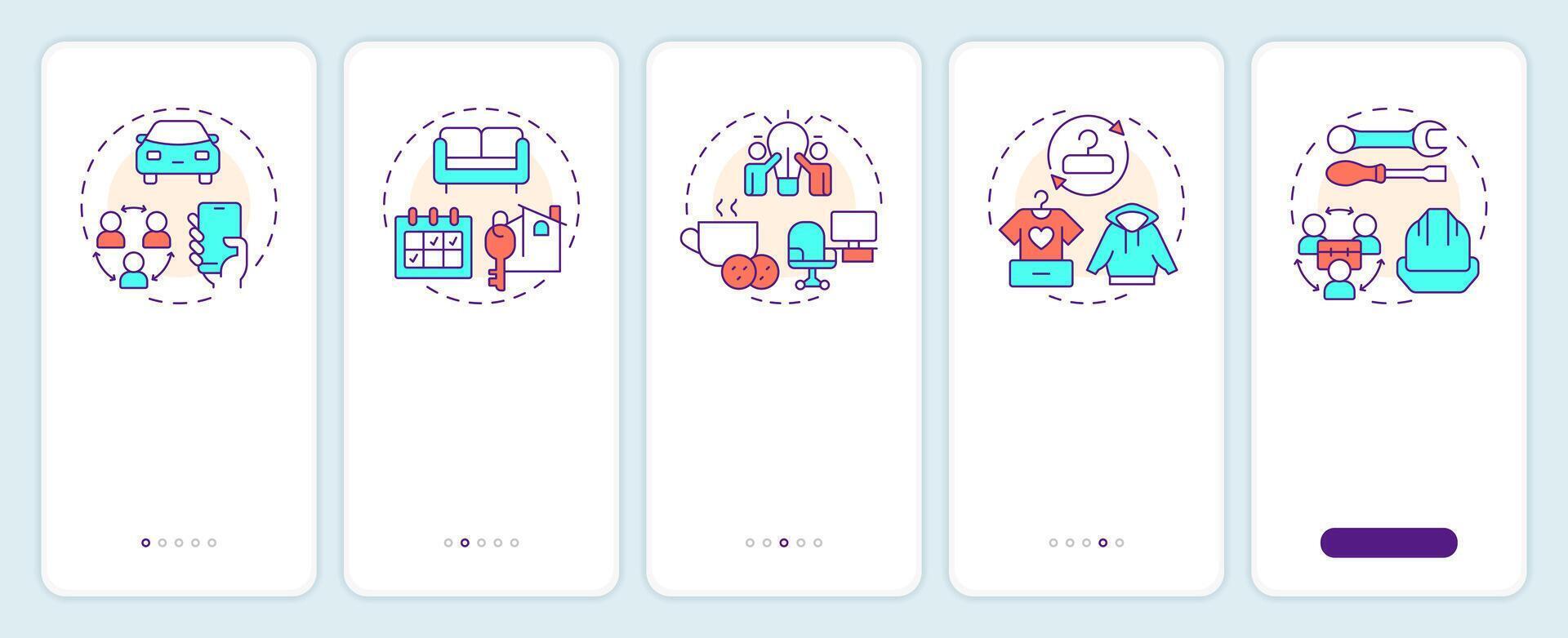 Sharing economy models onboarding mobile app screen. Walkthrough 5 steps editable graphic instructions with linear concepts. UI, UX, GUI template vector