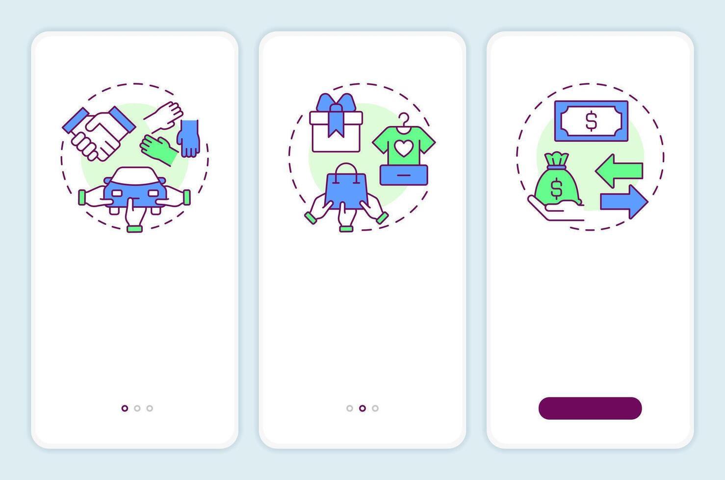 Types of sharing economy onboarding mobile app screen. Walkthrough 3 steps editable graphic instructions with linear concepts. UI, UX, GUI template vector