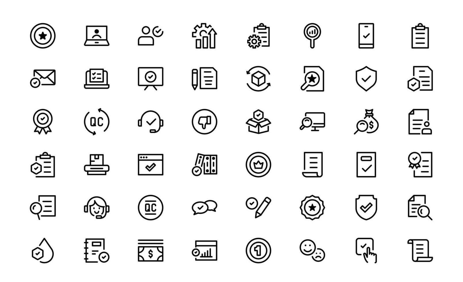 Quality Control Icons Set bundle - Minimal, Modern, and Versatile Line Art Illustrations for Business, Manufacturing, and Product Assurance Needs vector