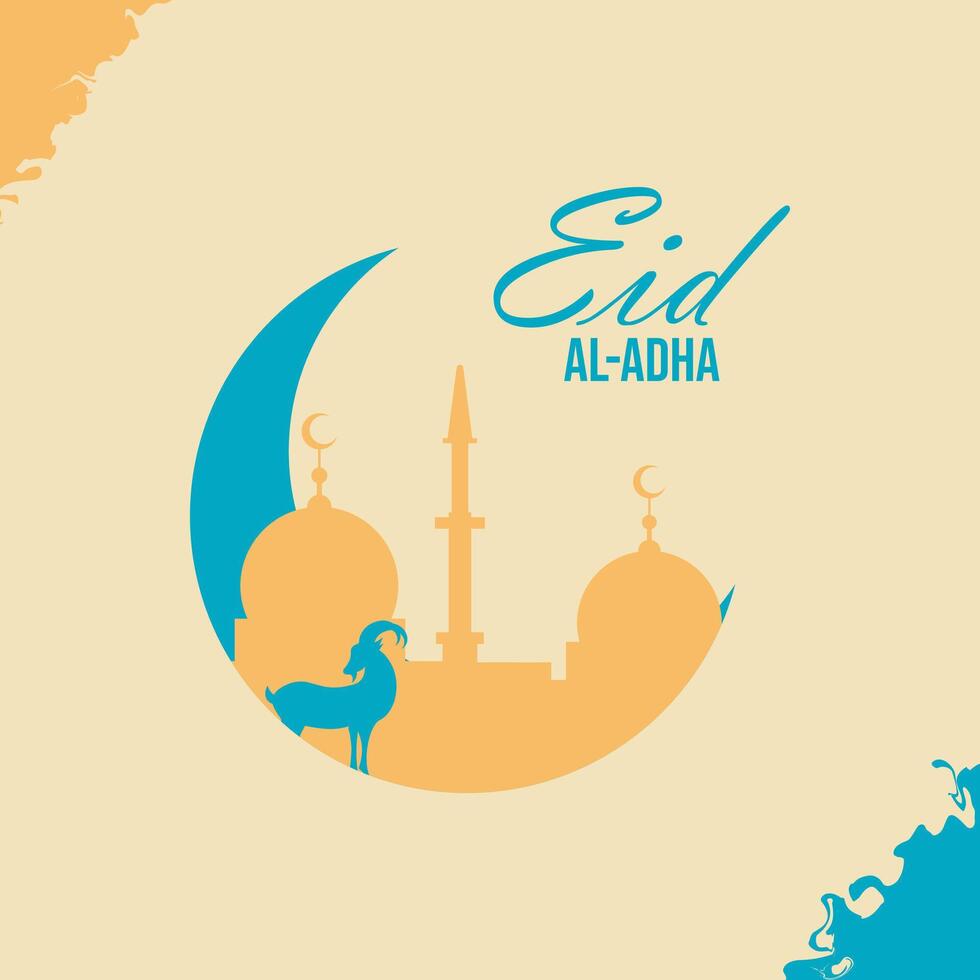 eid al adha islamic holiday greeting card with ram and mosque vector
