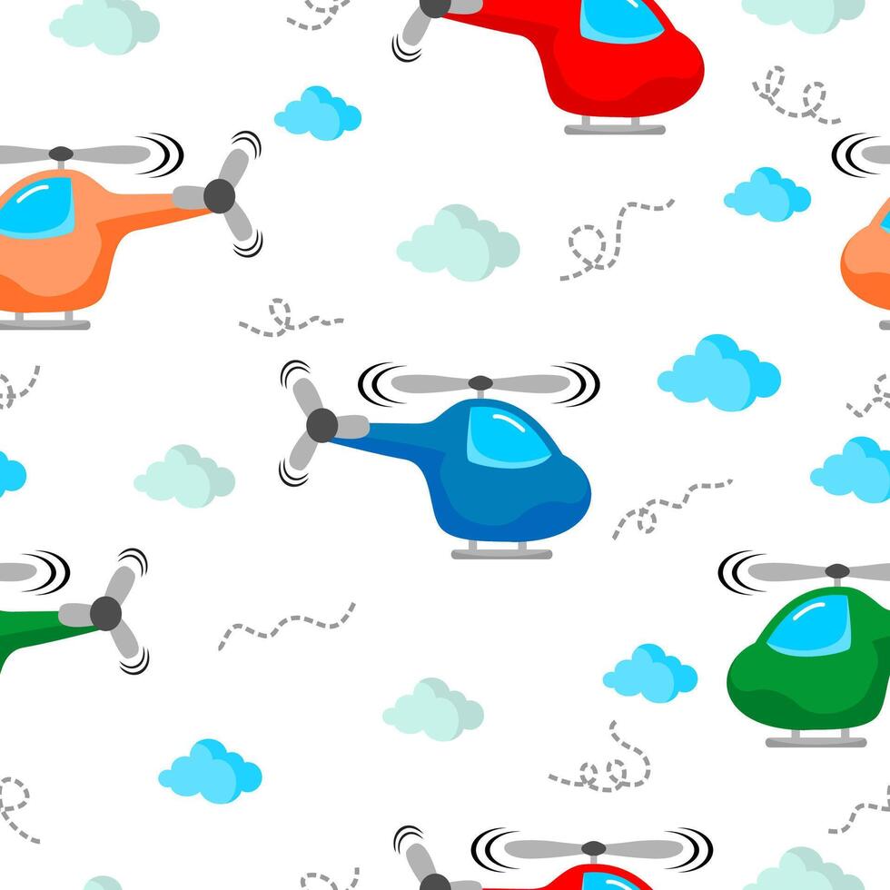 cute helicopter illustration seamless pattern with cloud background vector