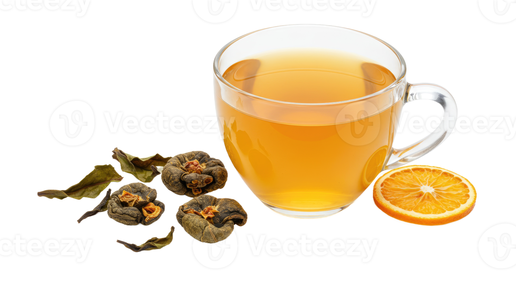 A cup of tea with an orange slice and a bunch of flowers png