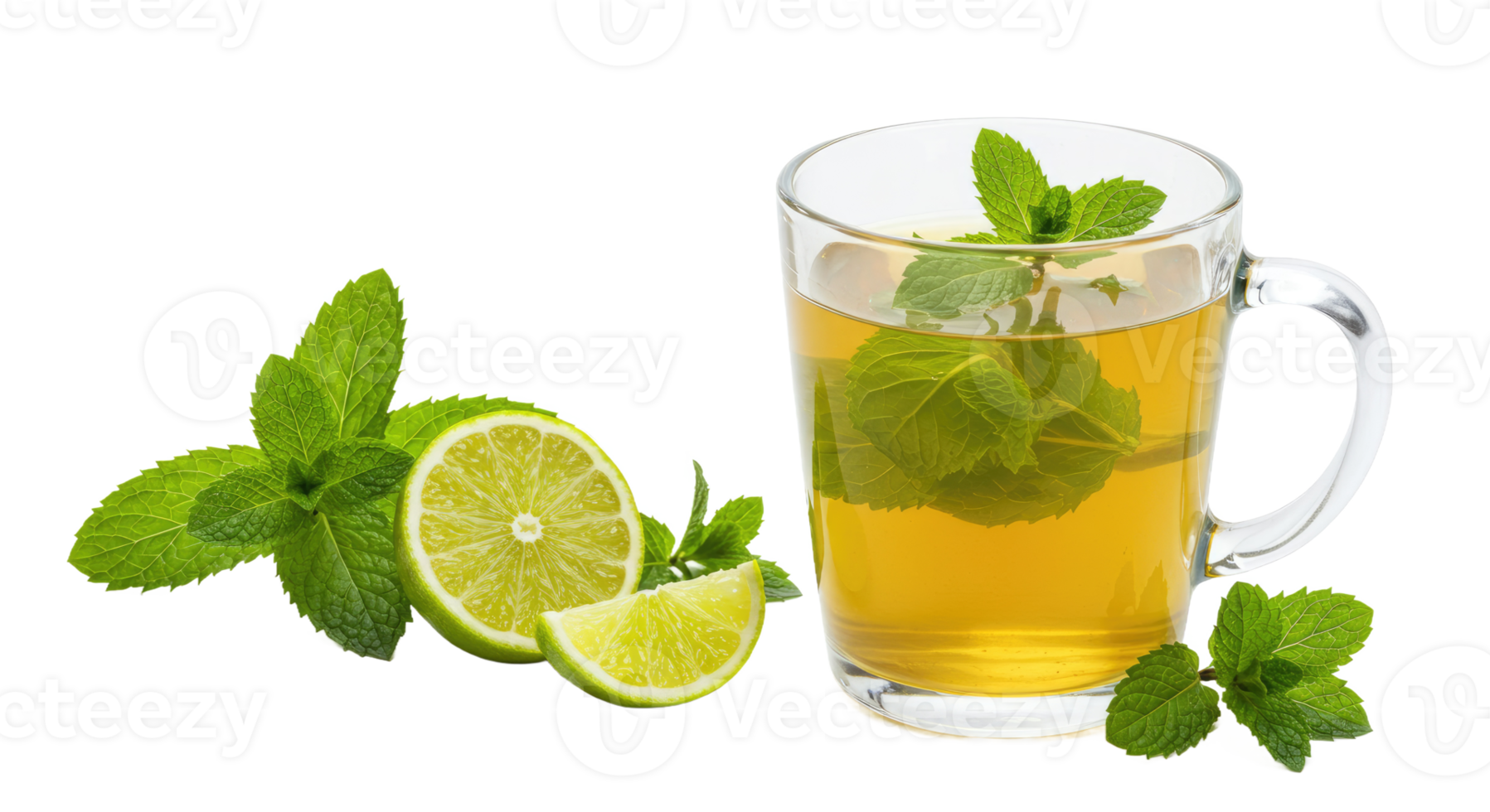 A glass of tea with mint leaves and lime slices png