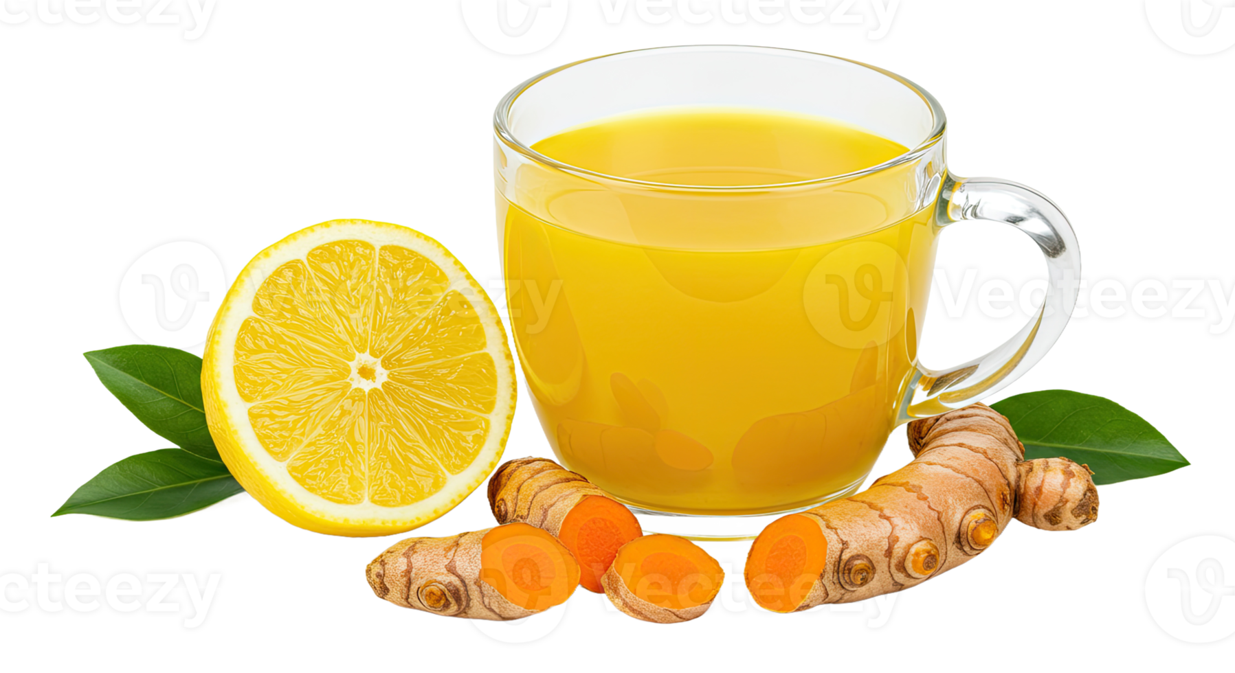 A Cup of Turmeric Tea With a Bright Golden-Yellow Color Accompanied by a Slice of Lemon and a Piece of Fresh Turmeric Root png