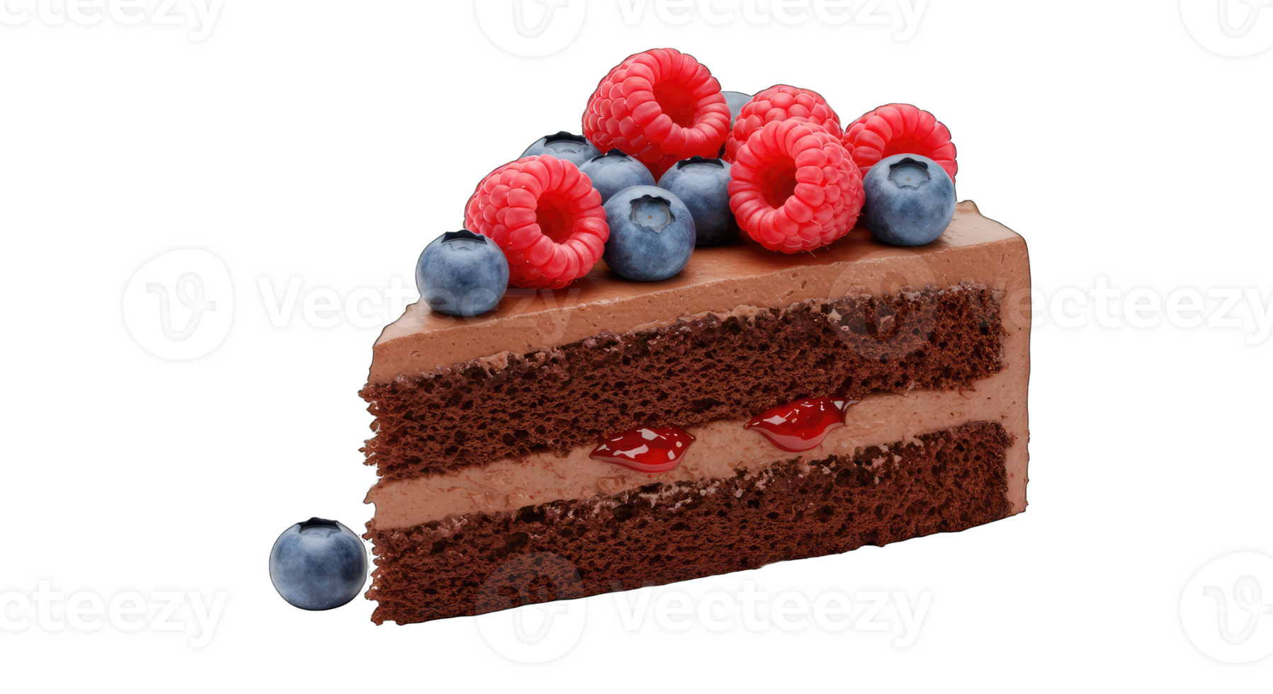 A piece of chocolate cake with berries on top png