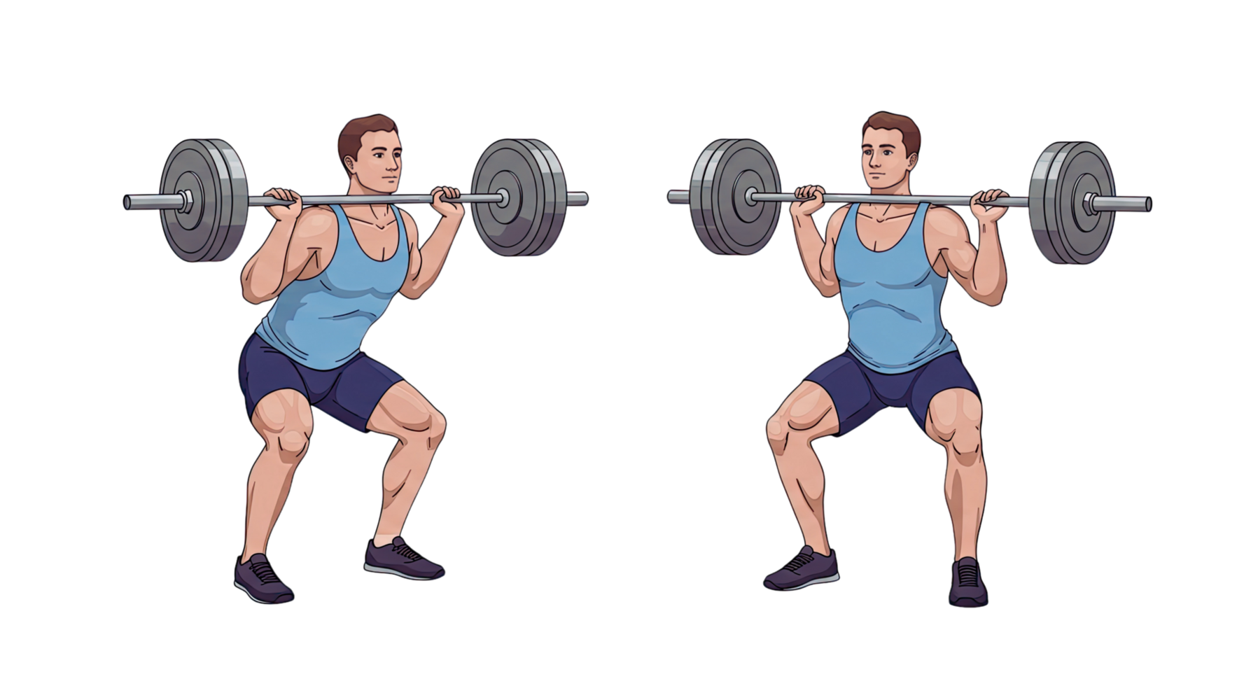 Two men are doing squats with barbells png
