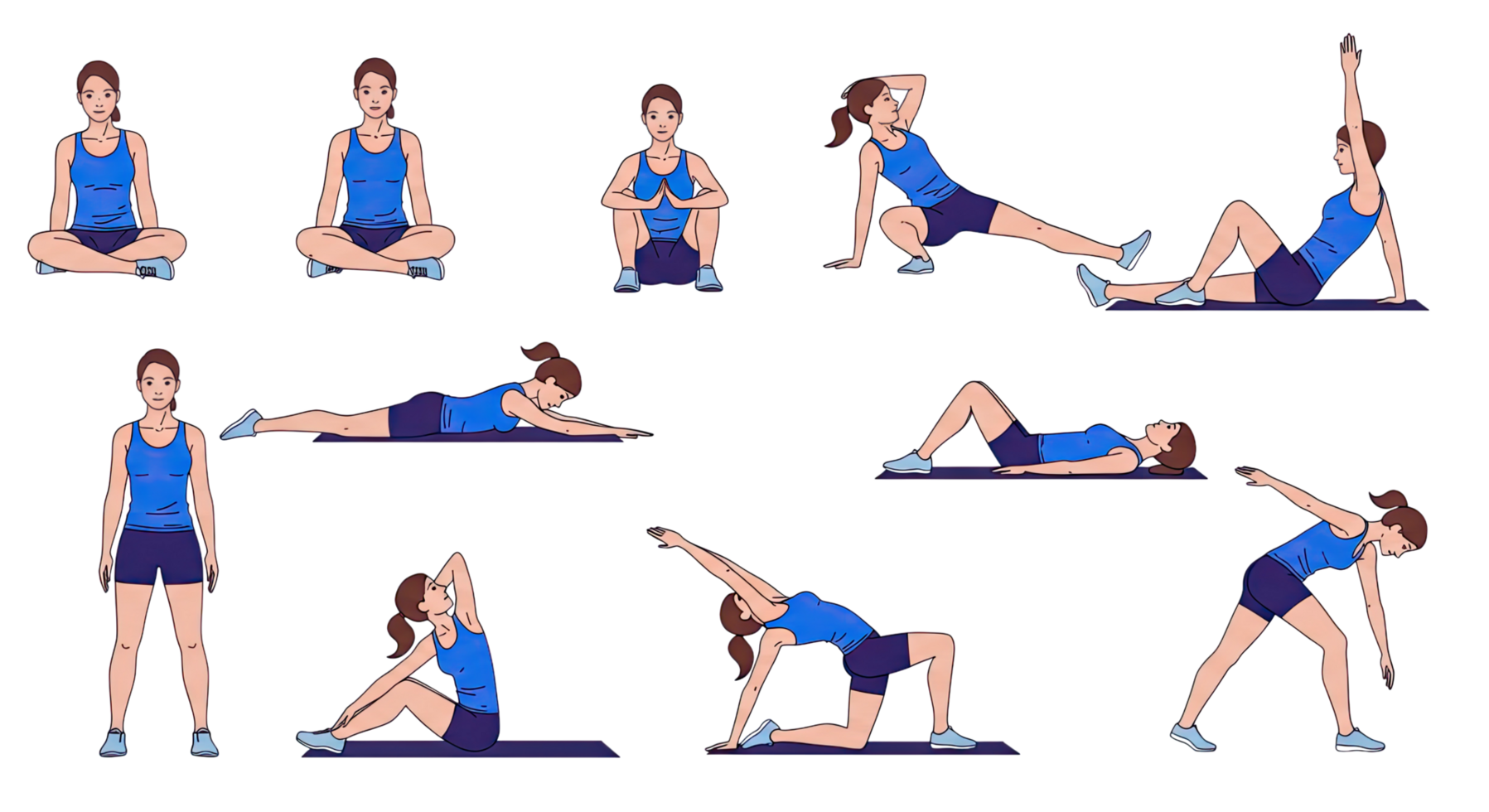A woman doing various exercises on a black background png