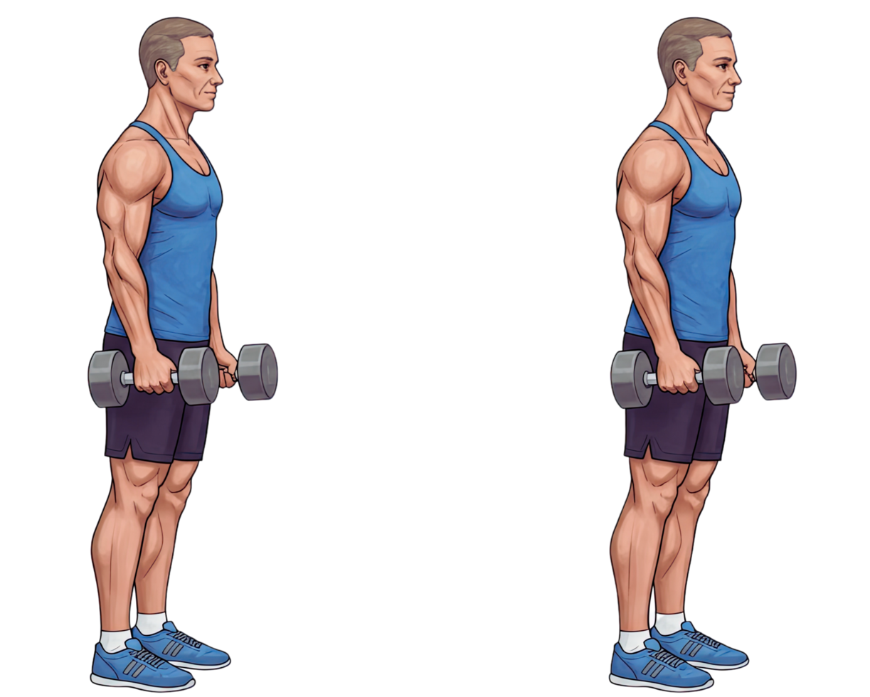 A man is doing dumbbell curls with one arm png