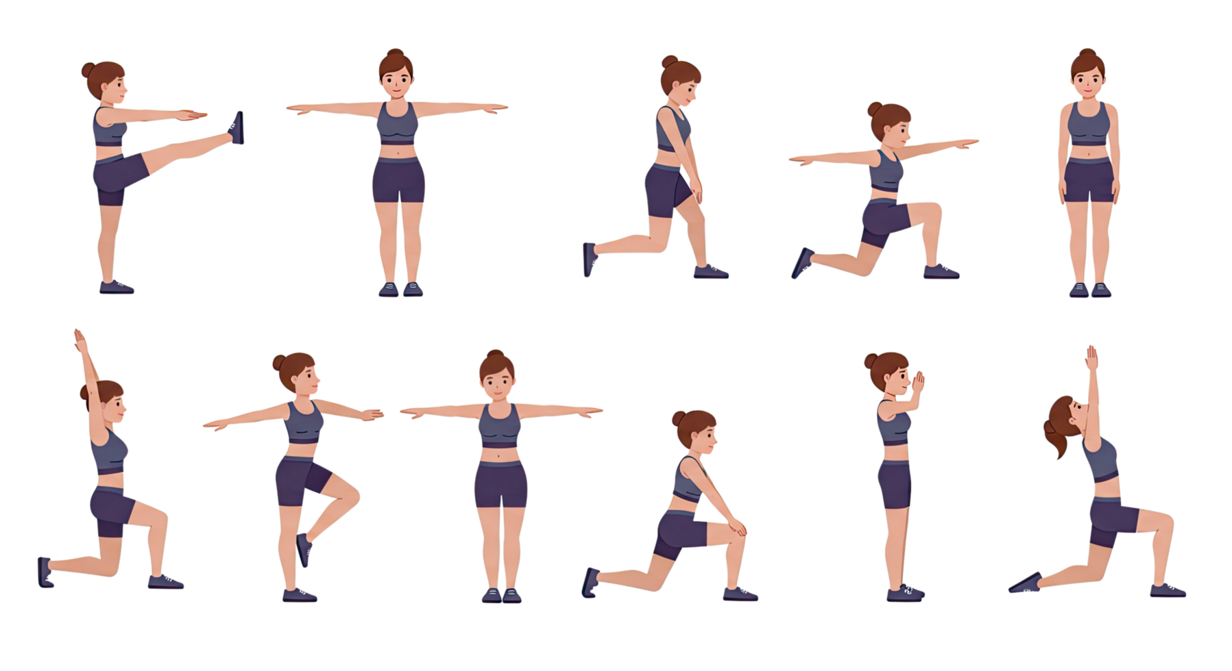A woman doing various exercises in different poses png