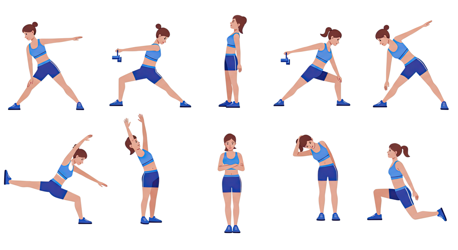 A woman doing various exercises in different poses on transparent background png