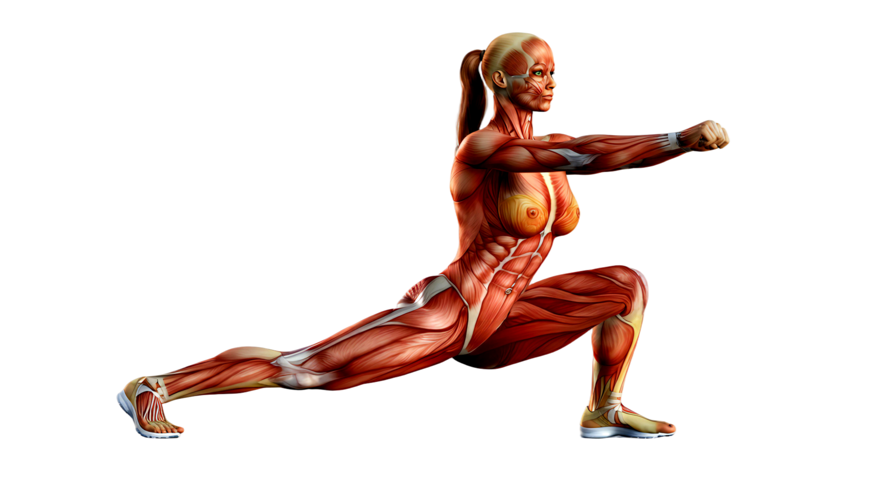 A woman is doing a squat with her muscles on display png