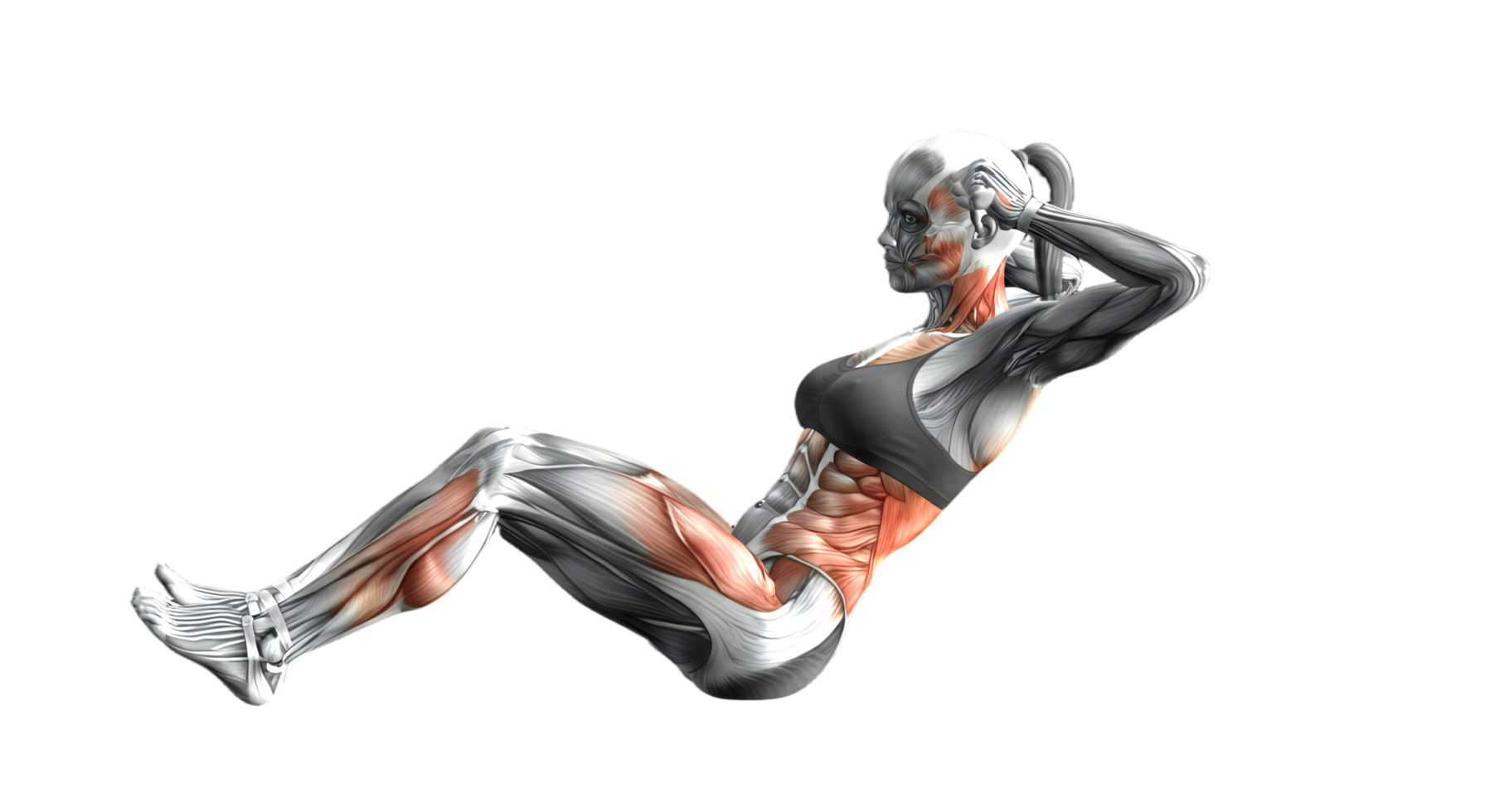 A woman is doing a sit up on a black background png
