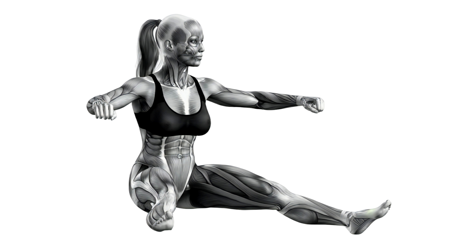 A woman is doing a sit up on a black background png