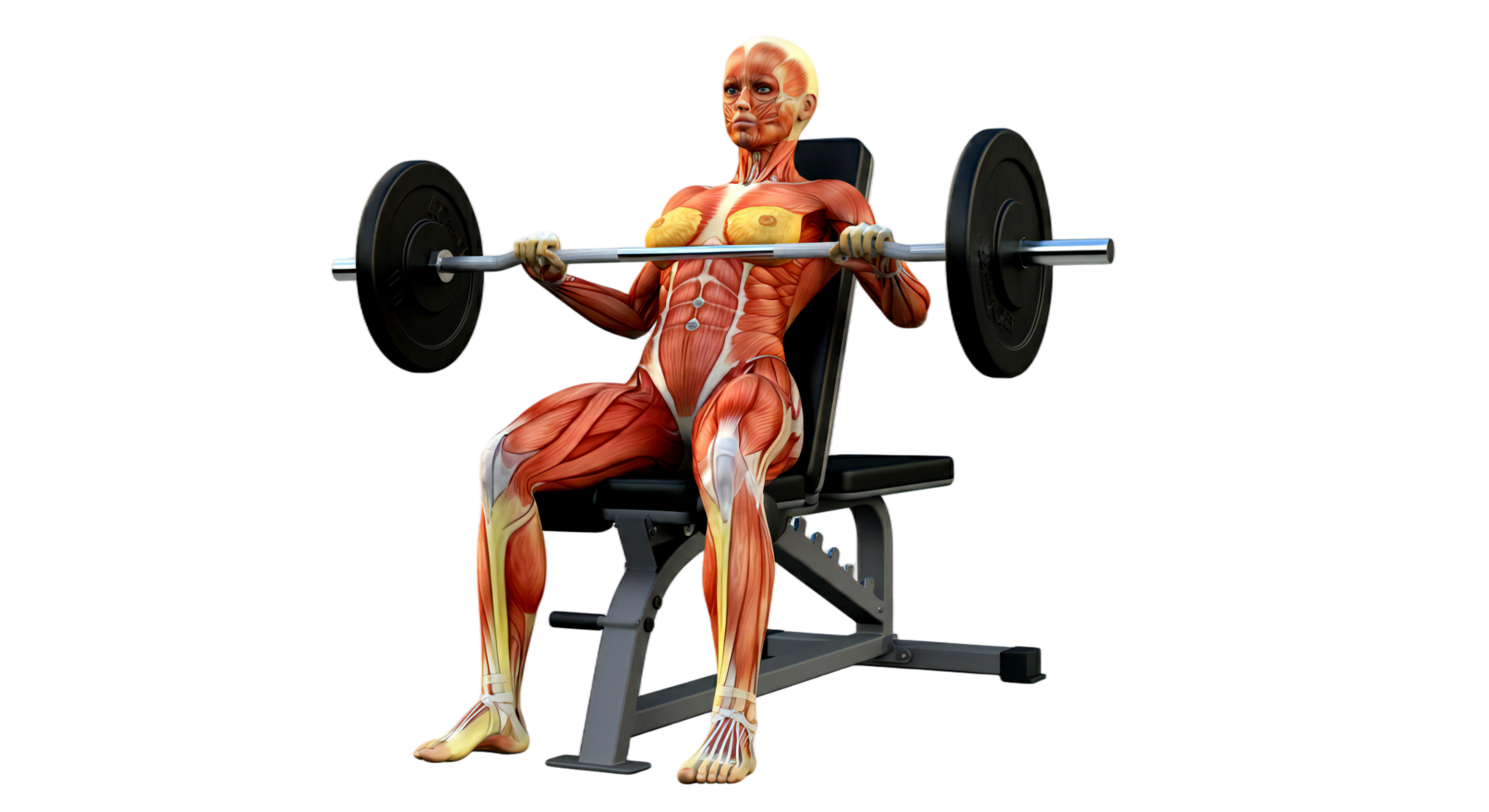 A muscularwoman is sitting on a bench with a barbell png