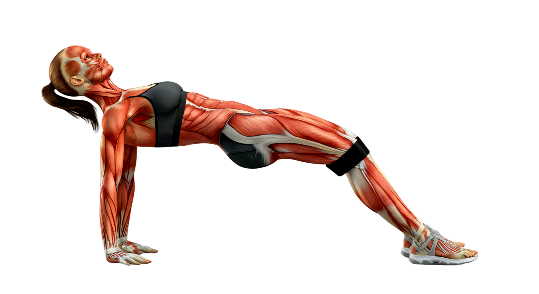 A woman doing a push up on a black background png