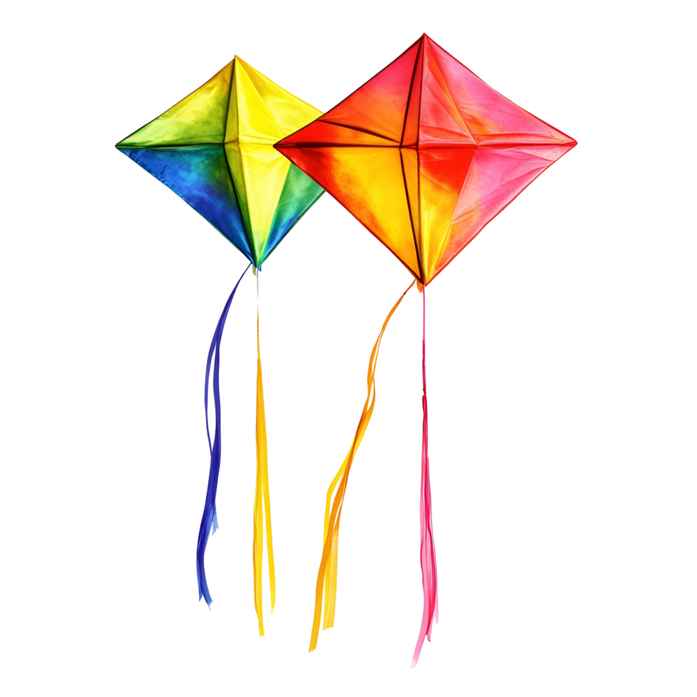 two kites with colorful tails on a transparent background png