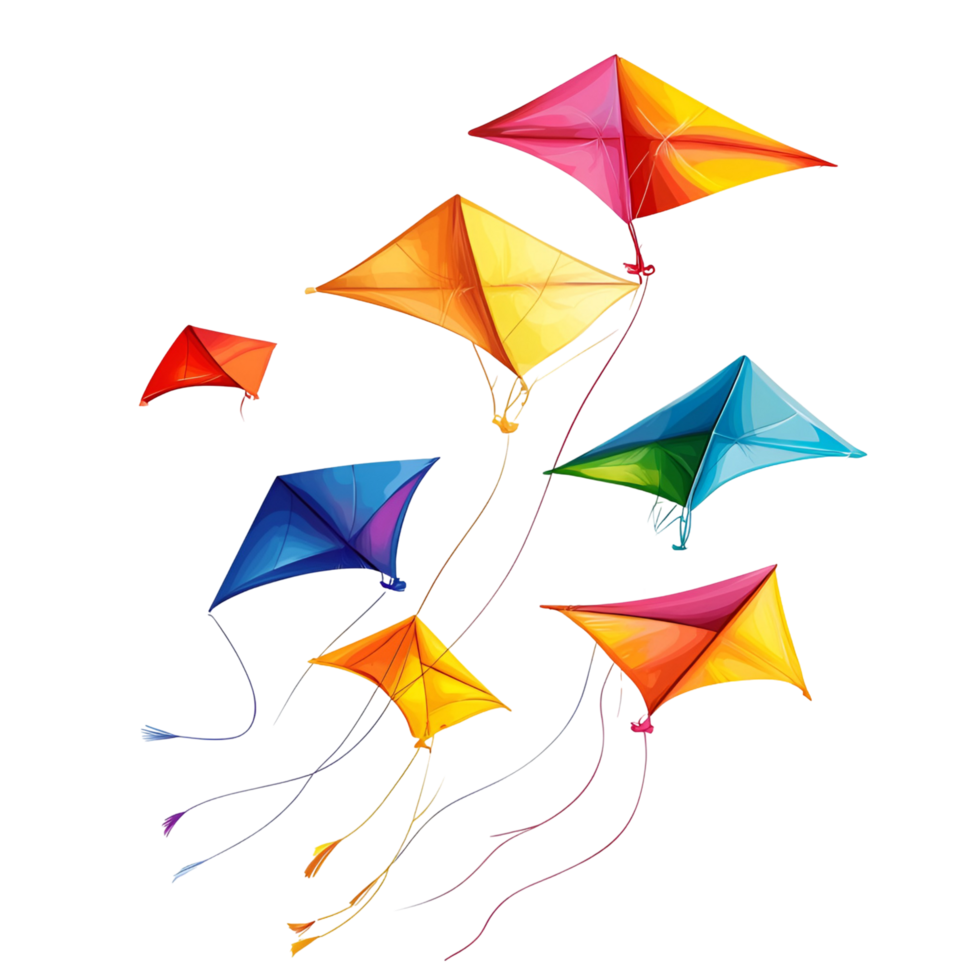 3D Flying Kites With Long Colorful Tails On Transparent Background png