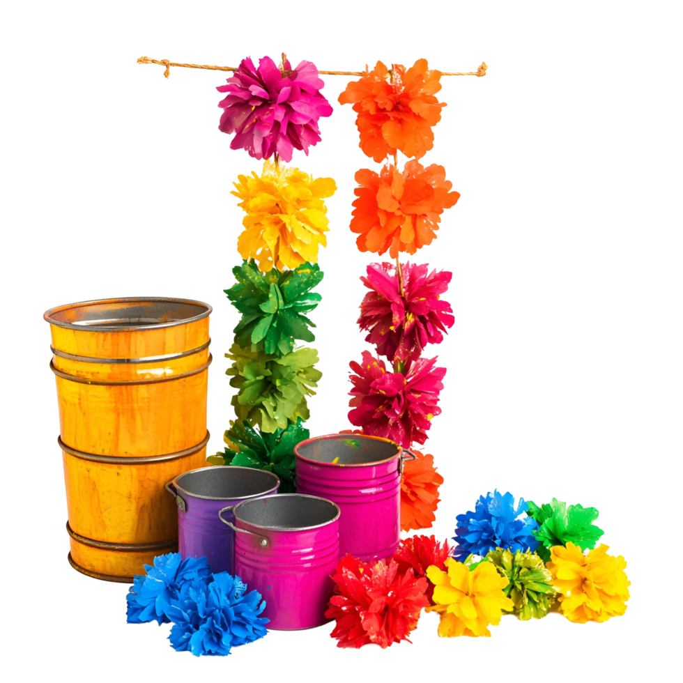3D Hanging Colorful Pails With Ribbons On Transparent Background png