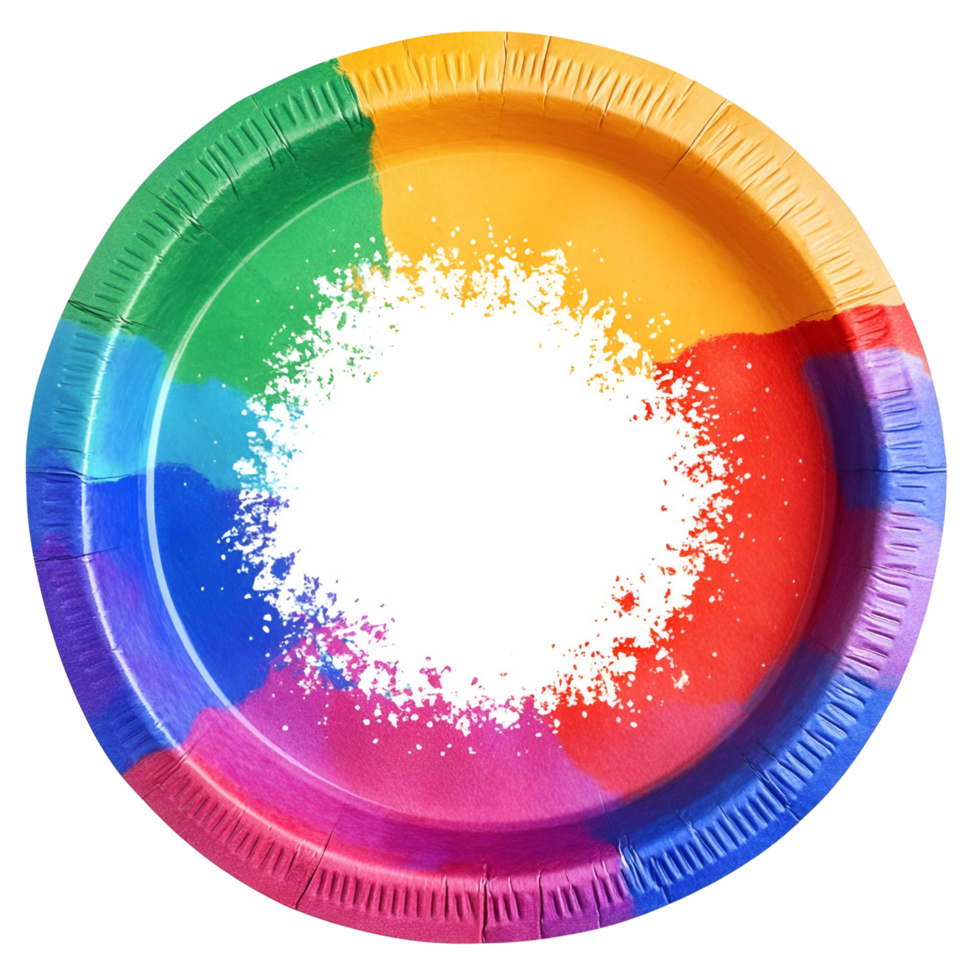3D Bright Rainbow Paint On White Paper Plate On Transparent Background png