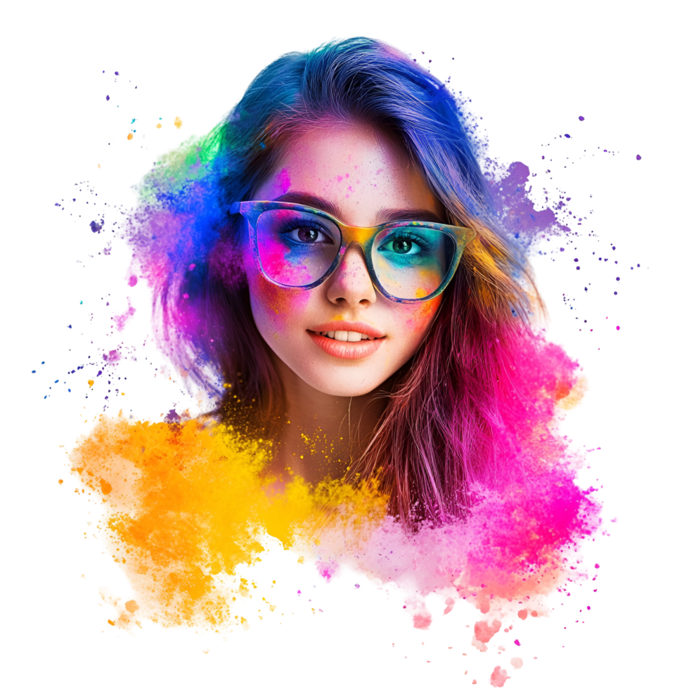 Expressive Female Face With Colorful Ink Splashes Transparent Background png