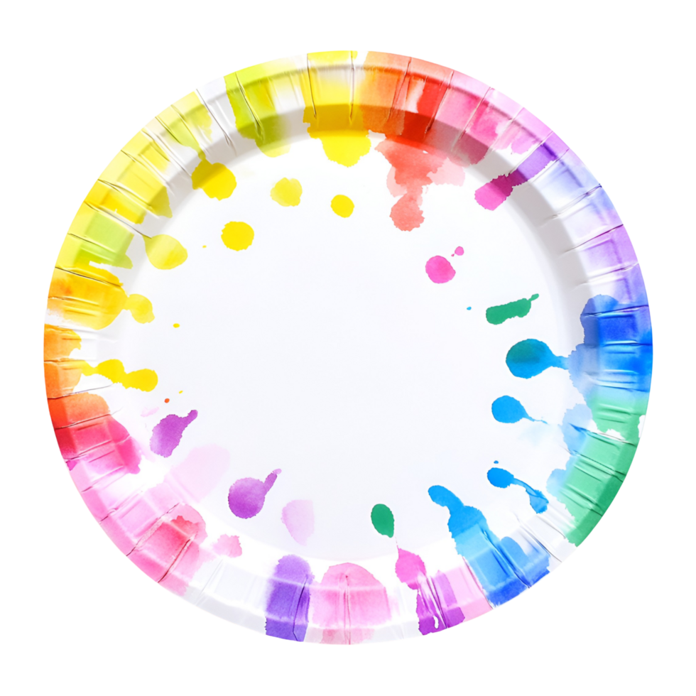 3D Paper Plate With Rainbow Colored Paint On Transparent Background png