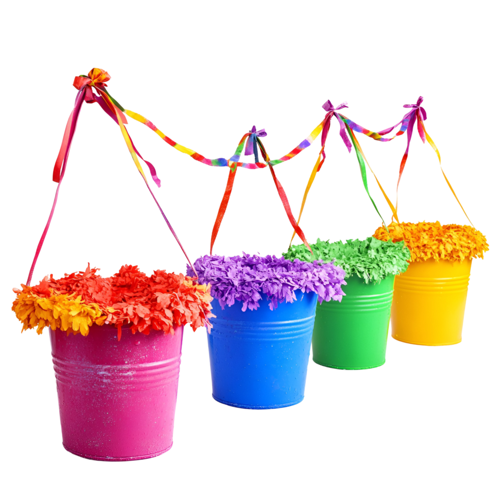 3D Colorful Pails With Ribbons Hanging On Transparent Background png
