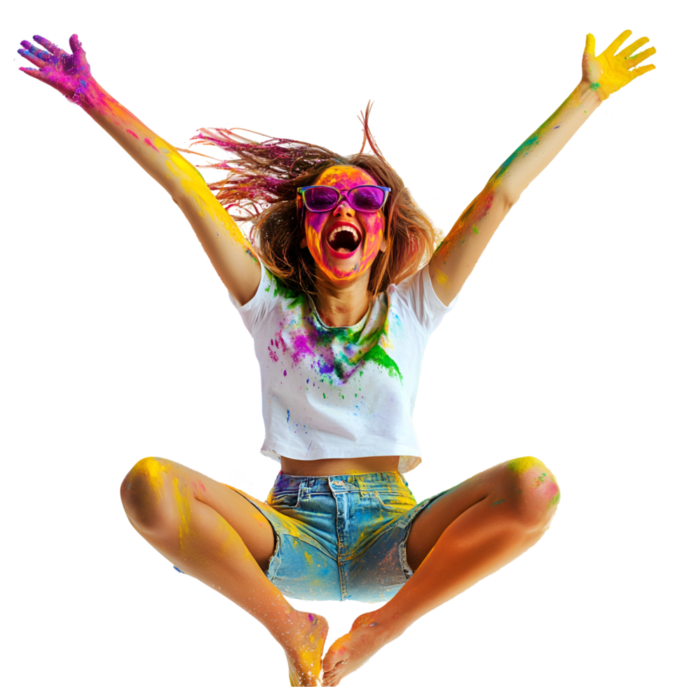 Happy Girl Jumping With Colorful Painted Face Transparent Background png