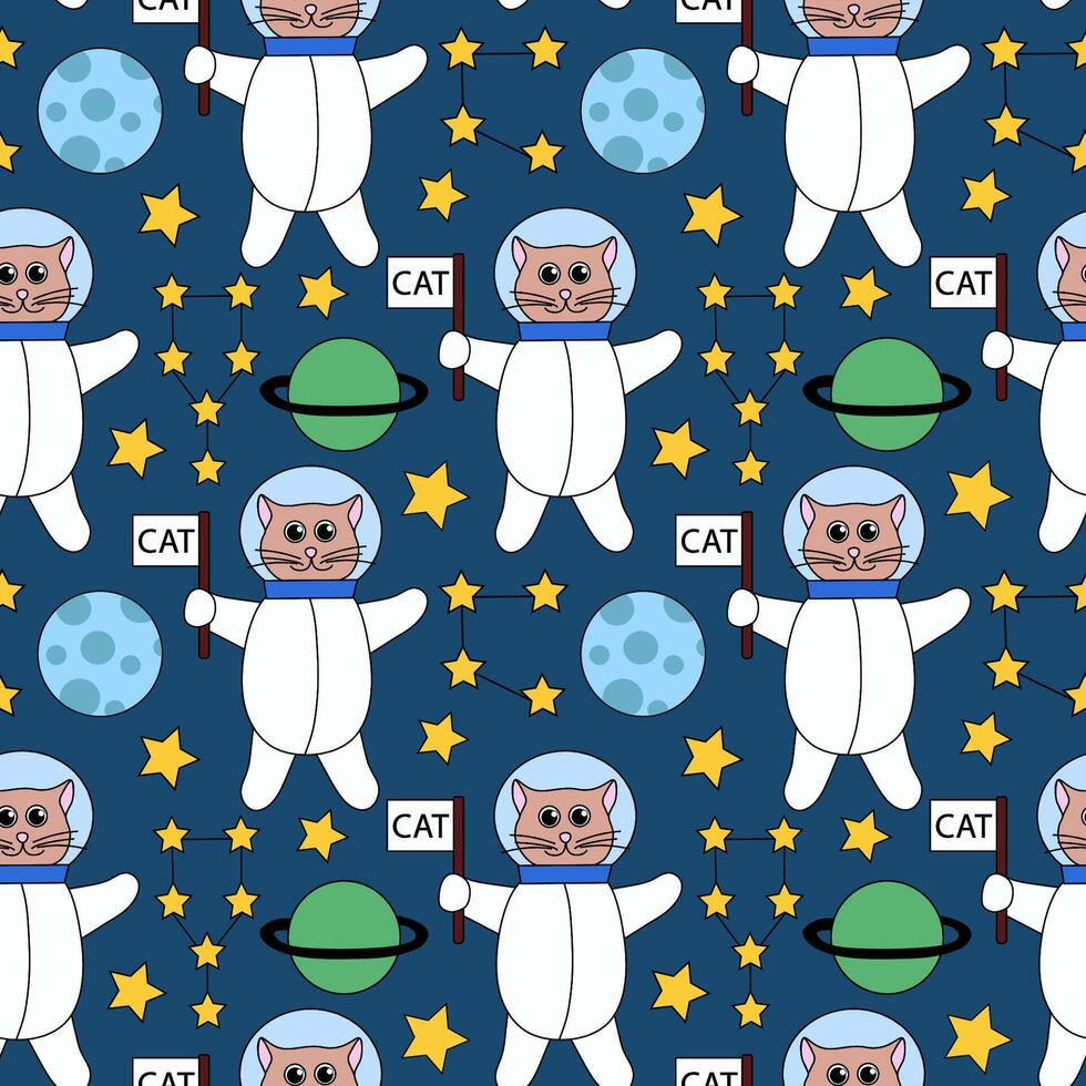 Space Seamless Pattern with Cute cat astronaut with flag, Planets and Stars, Constellation. Background for Kids Design. Flat Illustration. vector