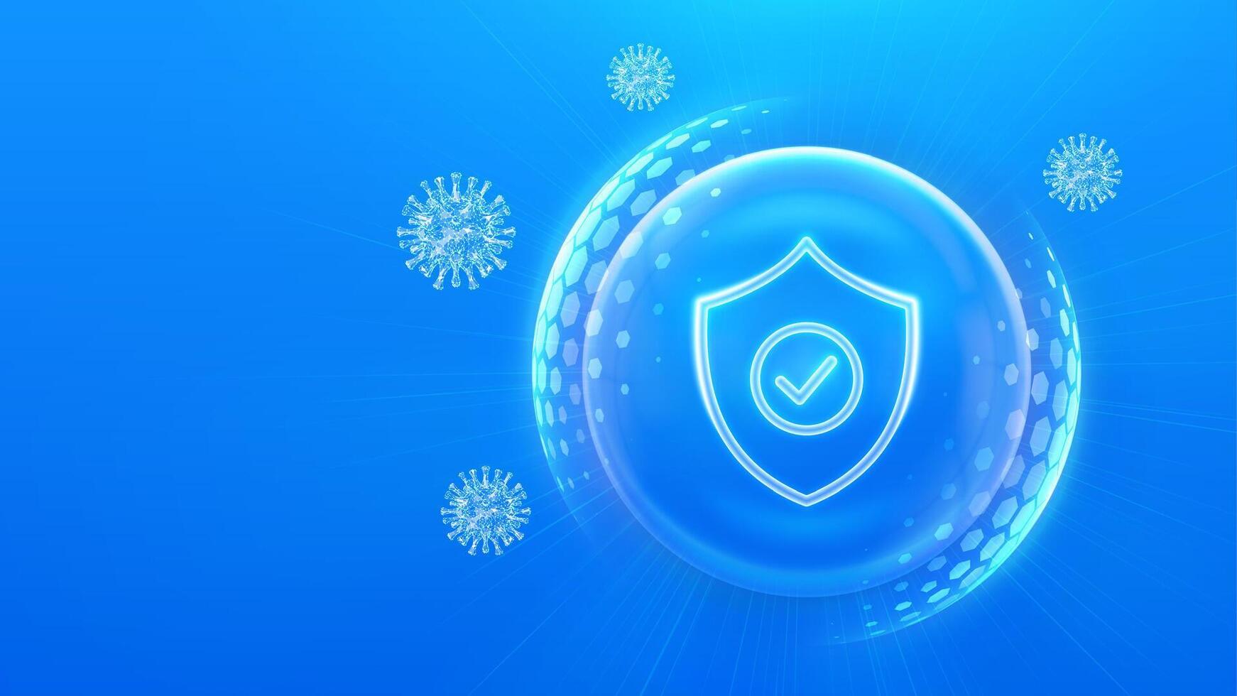 Virus protection. Healthcare. Vaccination. Virus cell. Antibiotic. Protection shield with Check mark icon inside transparent sphere shield with hexagon pattern on blue background vector