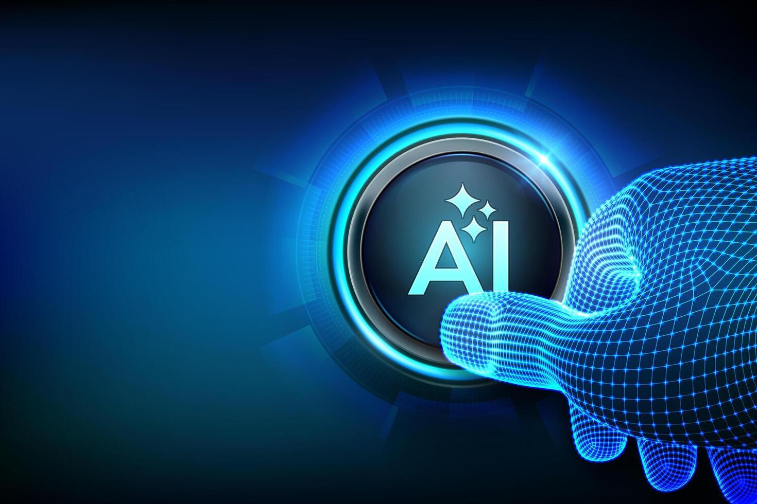 Generate with AI button. Artificial intelligence and Machine learning technology concept. AI enters by command prompt to generate ideas. Closeup finger about to press a Generate AI button. . vector