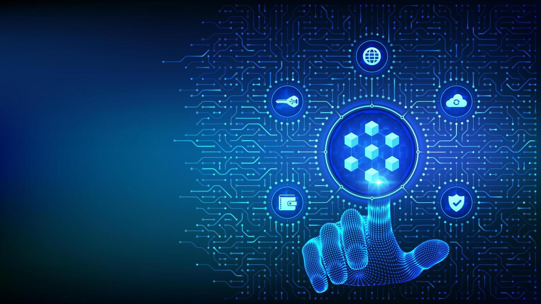 Blockchain technology. Decentralized network. Fintech cryptocurrency. Information blocks. Background with circuit board connections and tech icons. Wireframe hand pressing button. Illustration. vector