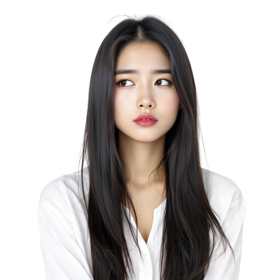 An asian woman with long hair and a white shirt png